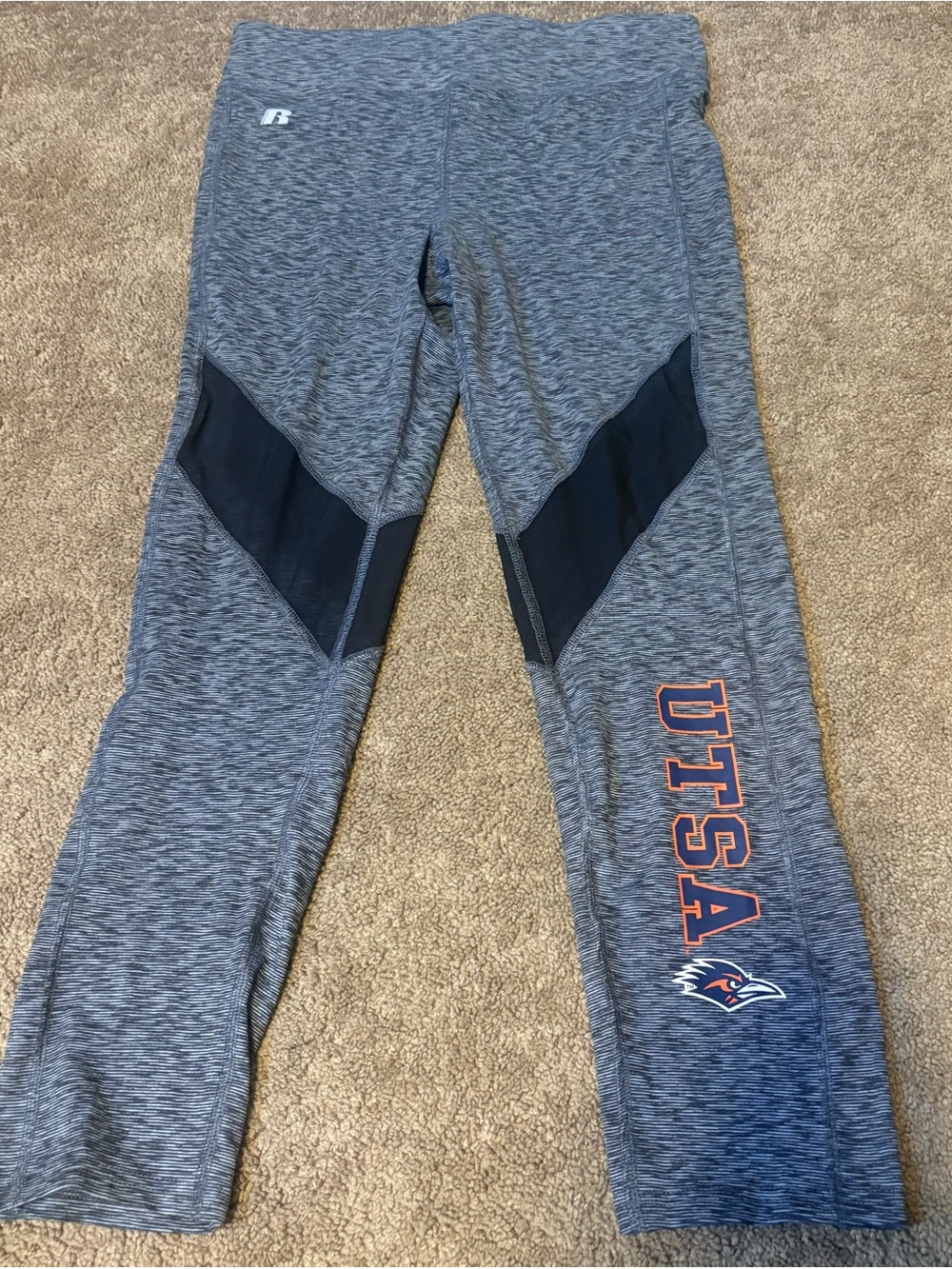 Russell Athletic Gray Performance Leggings with Navy Panels and Orange UTSA Logo
